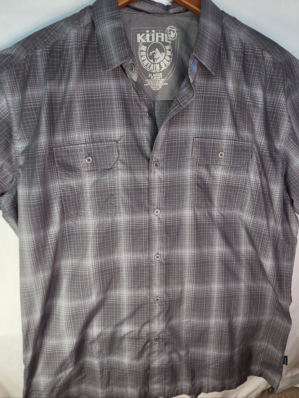 KÜHL Men's Eluxur Plaid Short Sleeve Gray/Blue Hiking Shirt Sz XL Lightweight